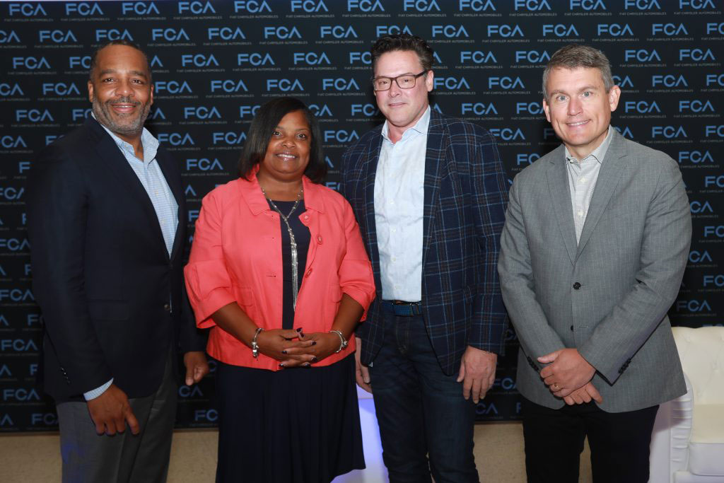 Detroit business owner Rhonda Rowe meets with Ron Stallworth FCA External Affairs (left); Mark Stewart, Chief Operating Officer, FCA – North America (center) and Scott Thiele Head of Purchasing, FCA – North America and Head of Supply Chain, FCA – North America (right).