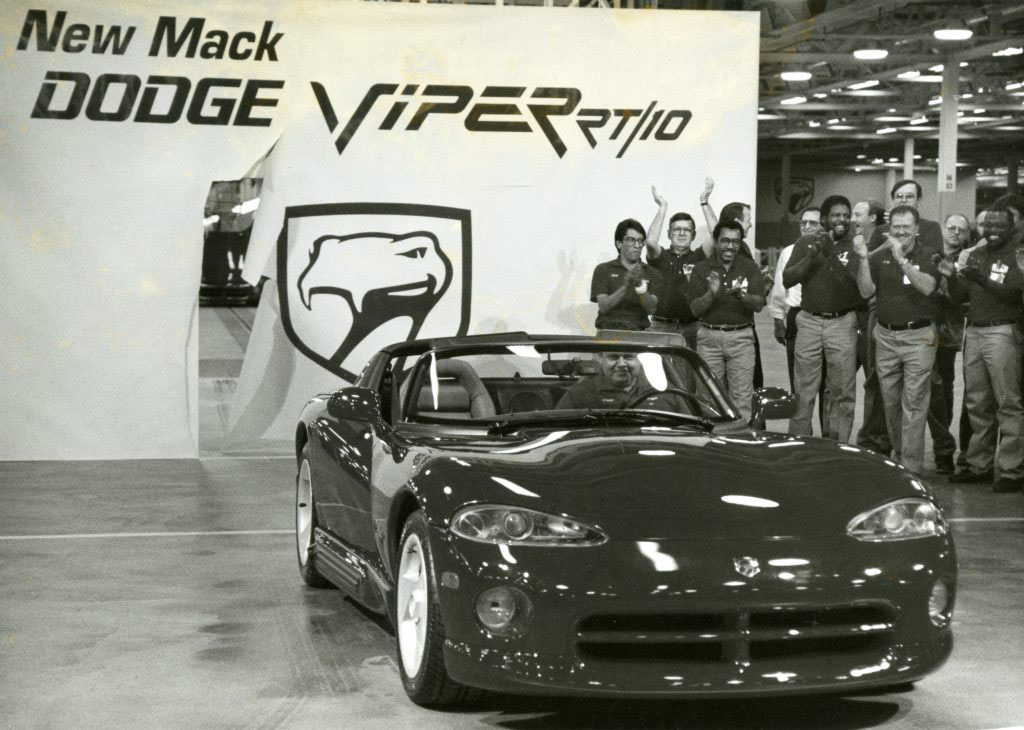 The first Dodge Viper rolls off the line at the Viper Assembly Plant (formerly the Mack Avenue Stamping Plant) in Detroit in 1991.