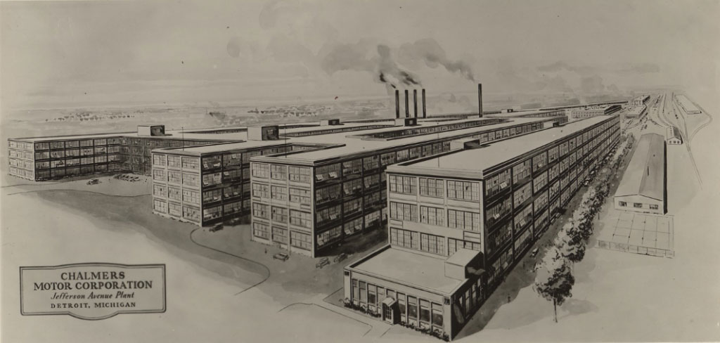 Chalmers Motor Corporation Jefferson Avenue Plant in 1913. Parts of the plant became part of the Chrysler Jefferson Avenue Assembly Plant on the south side of East Jefferson.