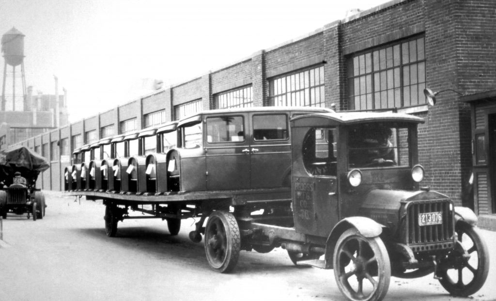 Bodies for Plymouth vehicles being transported from the Briggs Manufacturing Co. Mack Avenue stamping plant from 1928.