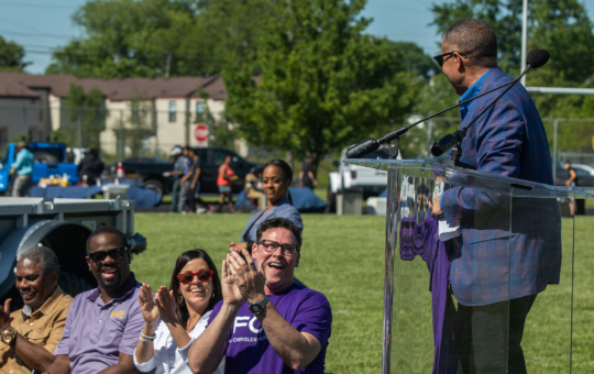 From left to right (seated) Roy McCalister Jr., Detroit city councilperson; Andre Spivey, Detroit city councilperson; Cindy Estrada, UAW Vice President–Head of the Fiat Chrysler Department; Mark Stewart, Chief Operating Officer, FCA-North America (standing) James Craig, Deputy Mayor of Detroit (Chief of Police).